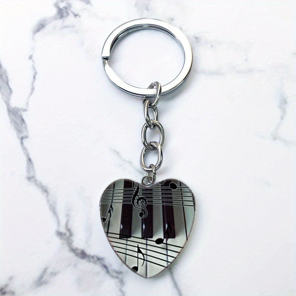 Piano Keys Music Notes Key Chain Heart Shaped Glass Gem Pendant Keyring