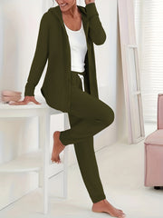  Solid Hooded Zip Coat & Drawstring Pants Set