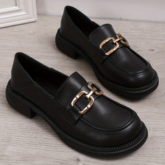 Women's Metal Decor Chunky Heel Loafers Slip On British Comfortable Shoes