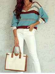  Colorblock Stripe Print V-Neck Sweater