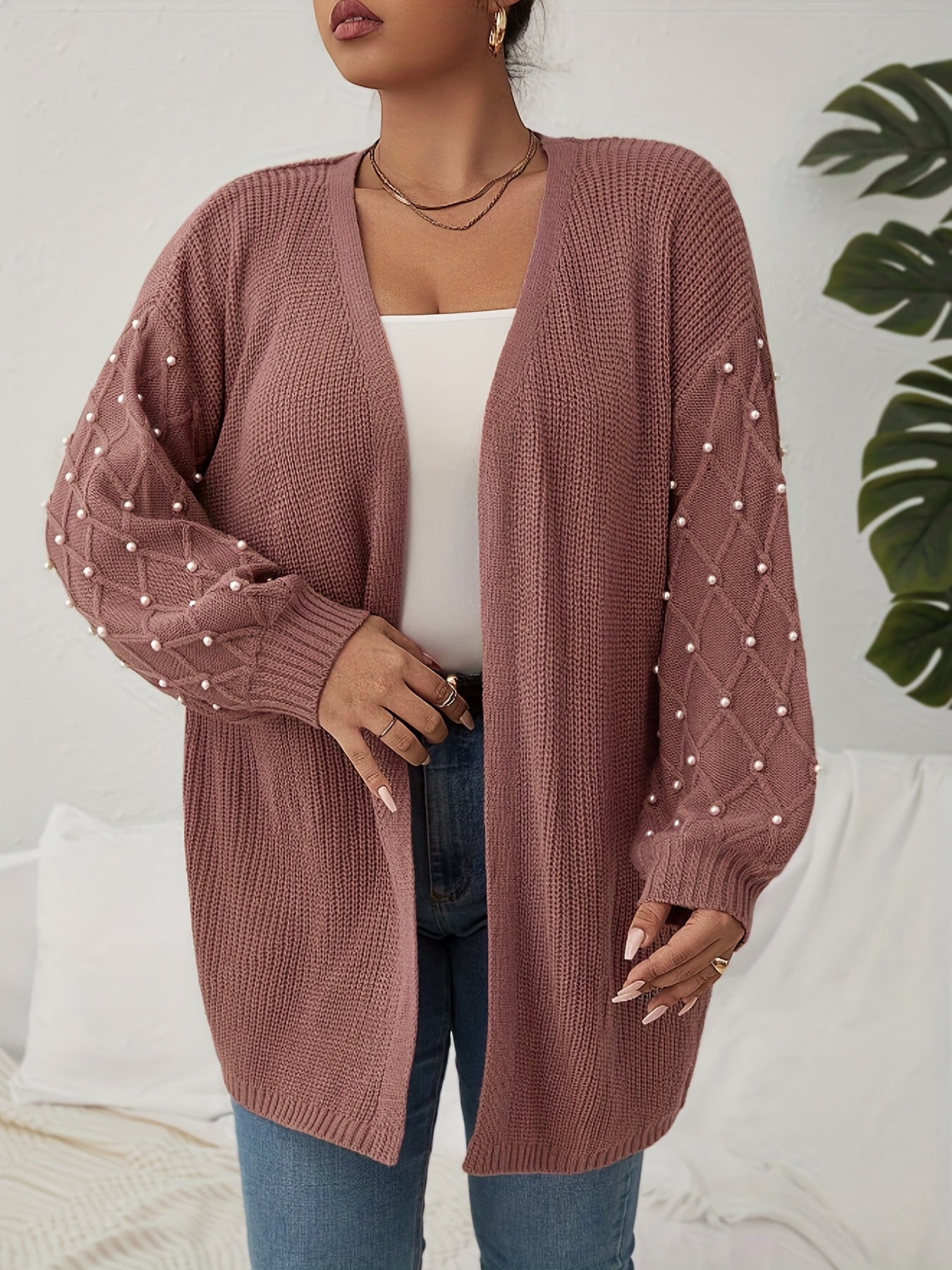  Solid Jacquard Faux Pearl Decor Lantern Sleeve Cardigan