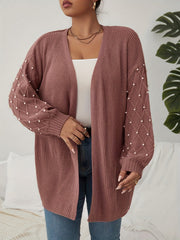  Solid Jacquard Faux Pearl Decor Lantern Sleeve Cardigan