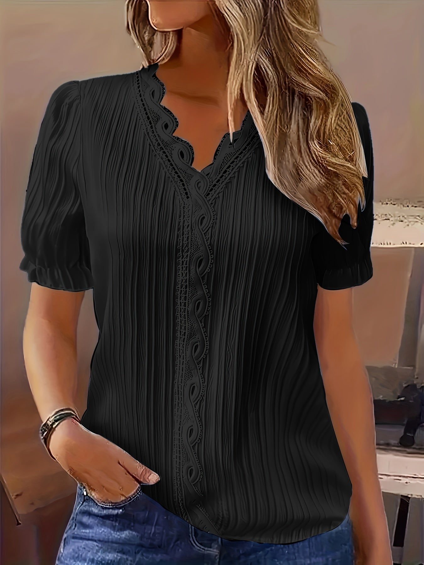  Blouse Women's Plus Contrast Lace Puff Sleeve V Neck Top