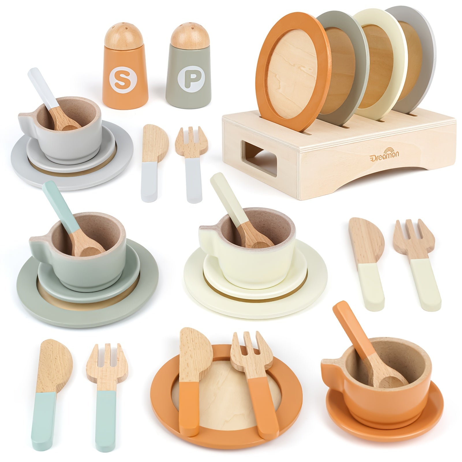 Kids' Wooden Toy Bowls and Plates Set 27pcs
