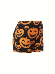 Women's Plus Funny Pumpkin Print Elastic High Rise Skinny Shorts
