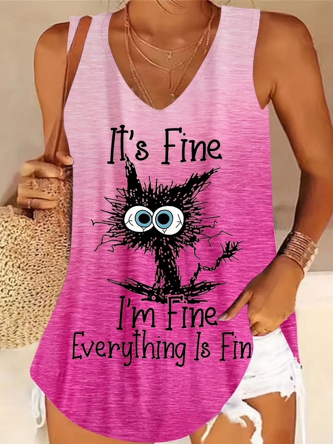  Casual Tank Top Women's Plus Slogan & Ombre & Cat Print V Neck Tank