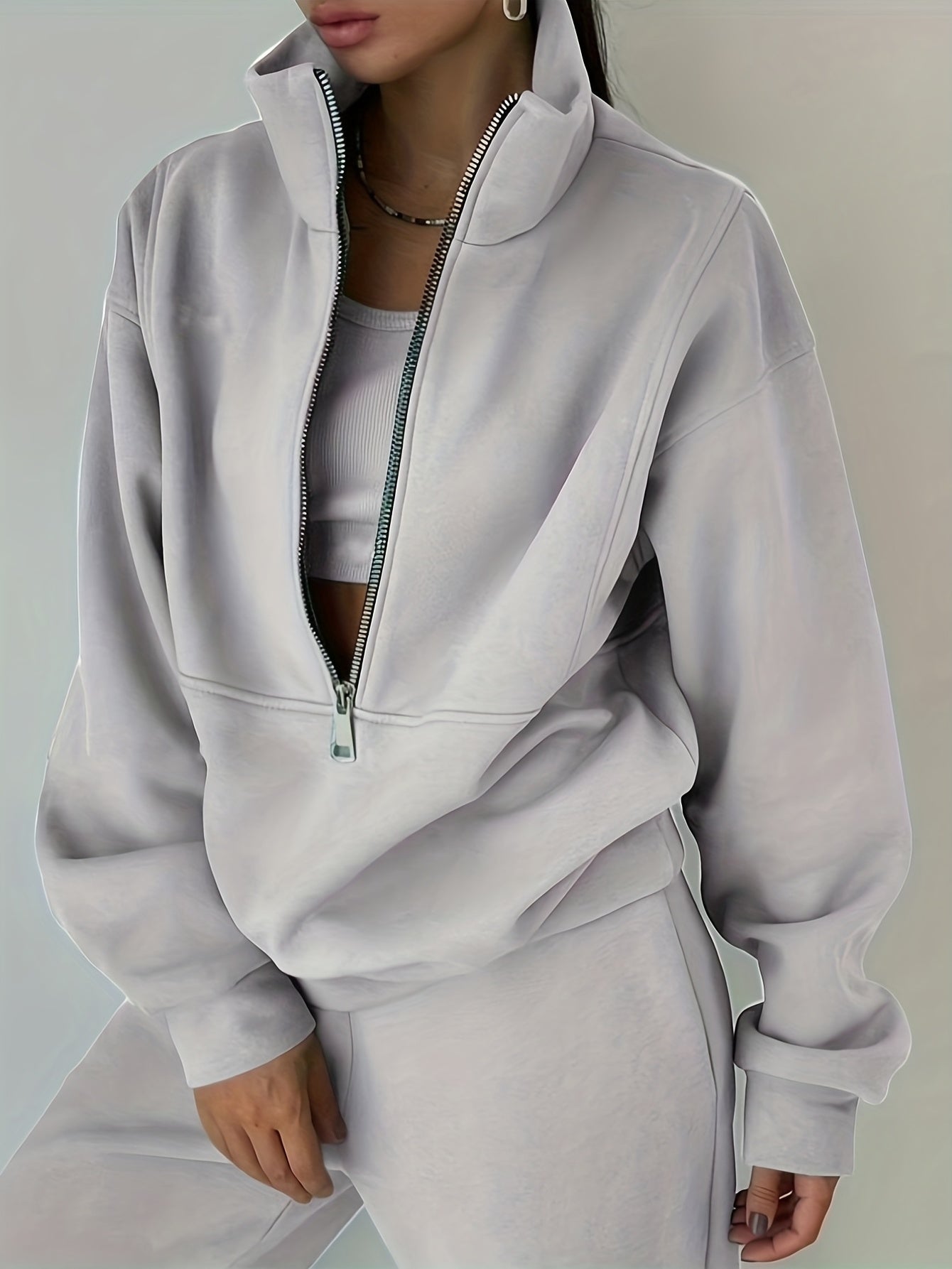 Casual Matching Two piece Set Zip Up Sweatshirt & Solid Sweatpants