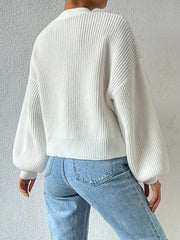  Solid Button Up Lantern Sleeve V Neck Cardigan