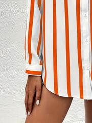  Striped Print Long Sleeve Button Up Shirt Top With Pockets