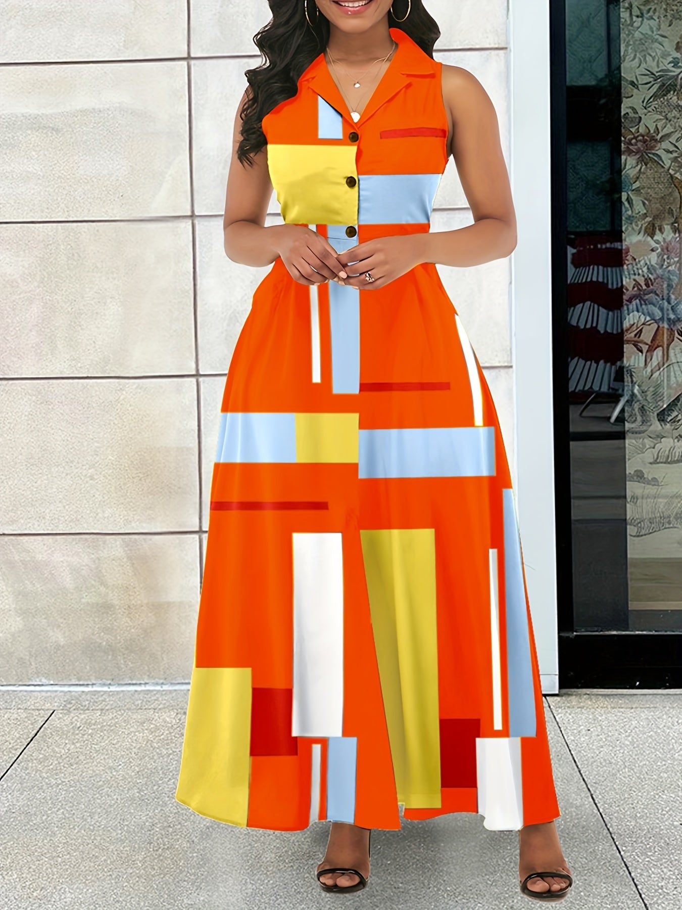  Casual Tank Dress Colorblock Print Button Up Shirt Dress