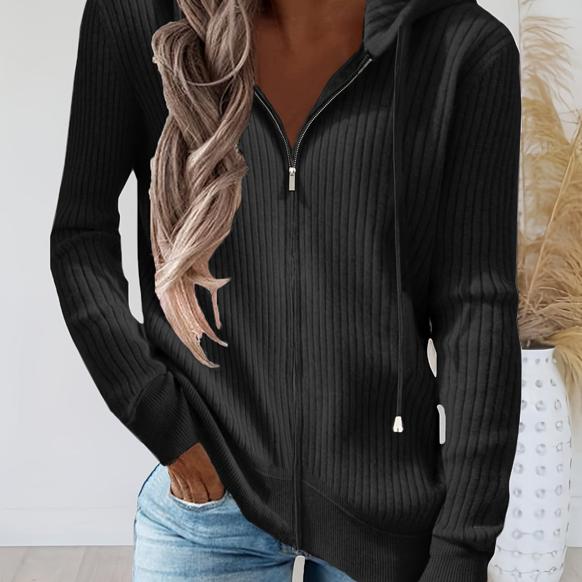  Ribbed Knit Zipper Front Hooded Cardigan