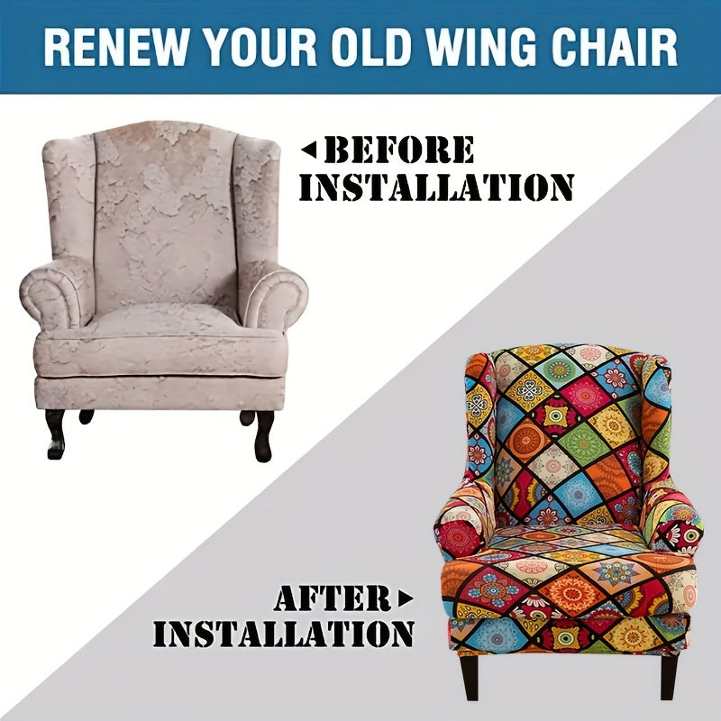 2pcs Wingback Chair Slipcover Spandex Printed Fabric Furniture Protector