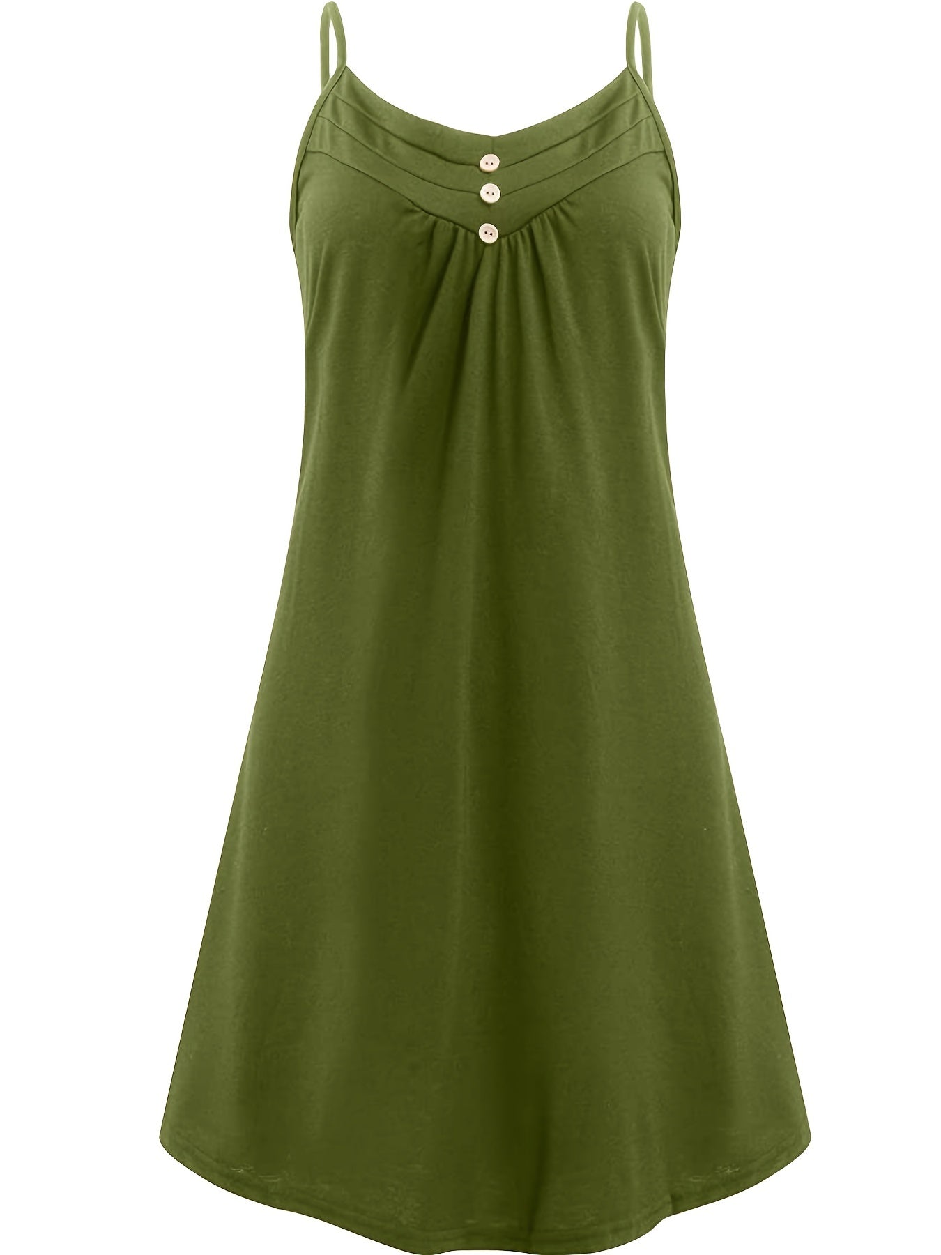  Solid Button V Neck Ruched Cami Dress