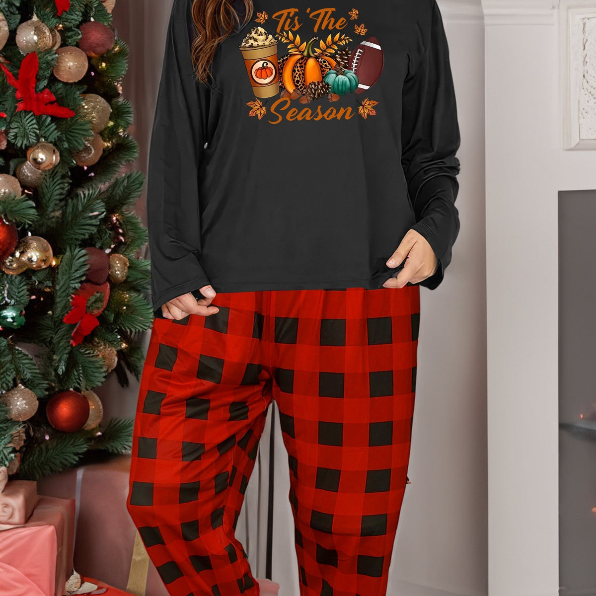  Lounge Set Women's Leopard Pumpkin Print Tee & Plaid Pants Pajama Set