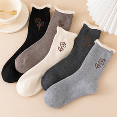 5 Pairs Women's Winter Floral Fuzzy Thermal Mid Tube Socks