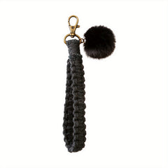 Boho Keychain Fur Ball Wrist Lanyard for Keys Macrame Wristlet Keychain Girls