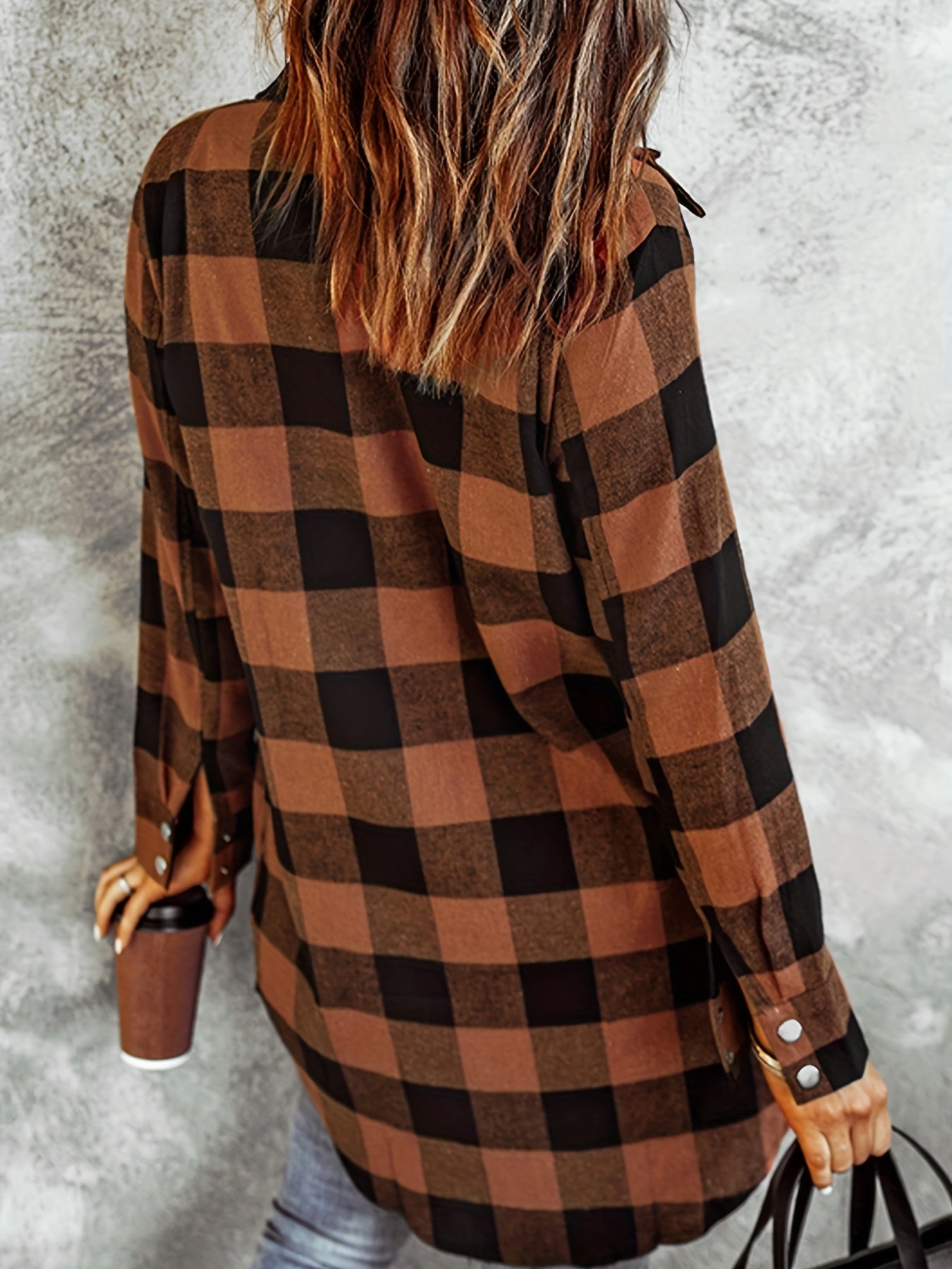  Plaid Print Long Sleeve Button Up Tunic Shirt