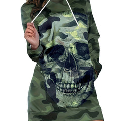  Camo & Skull Print Long Sleeve Hoodie Dress