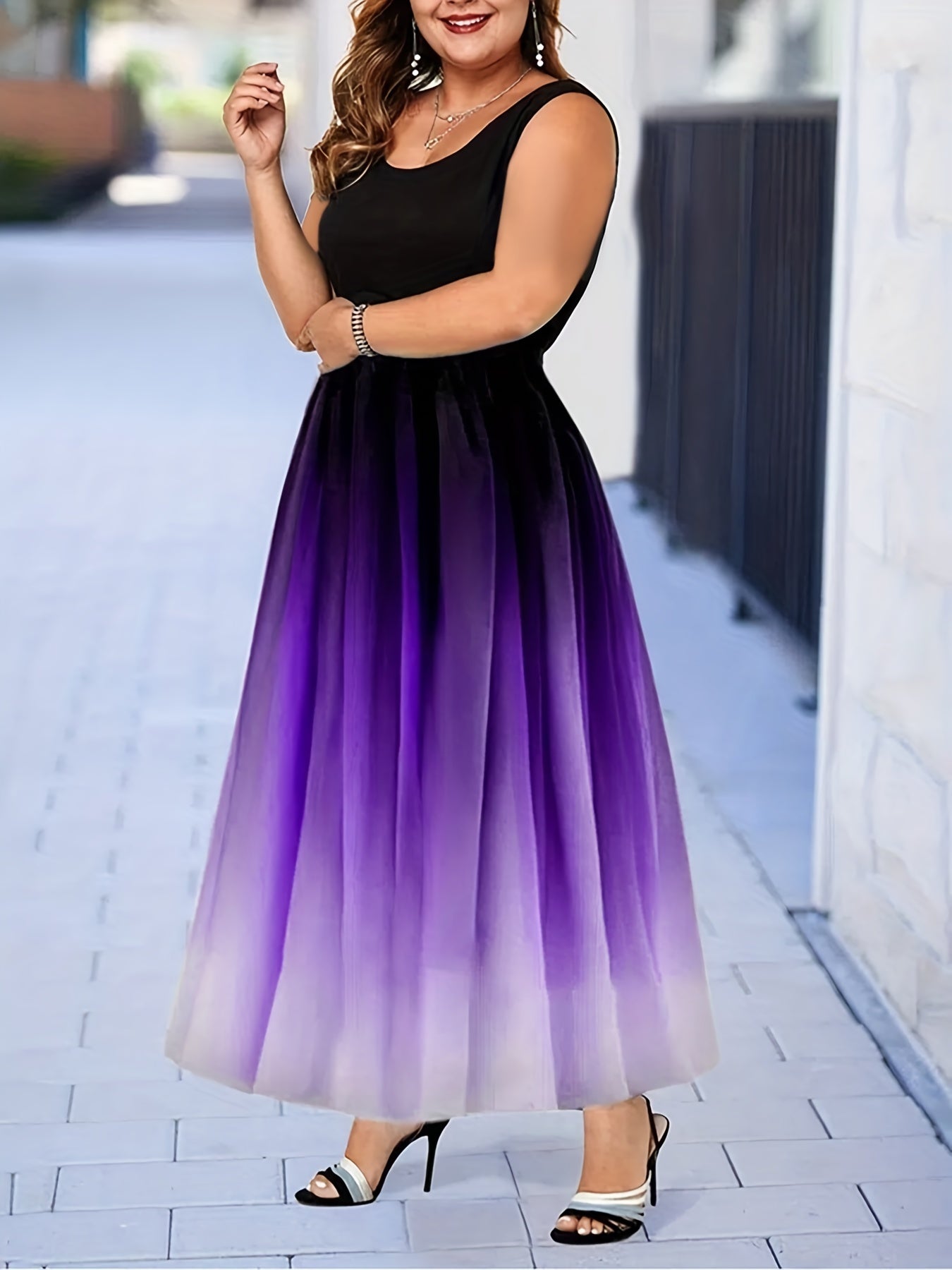  Colorblock Ombre Print Round Neck Tank Dress