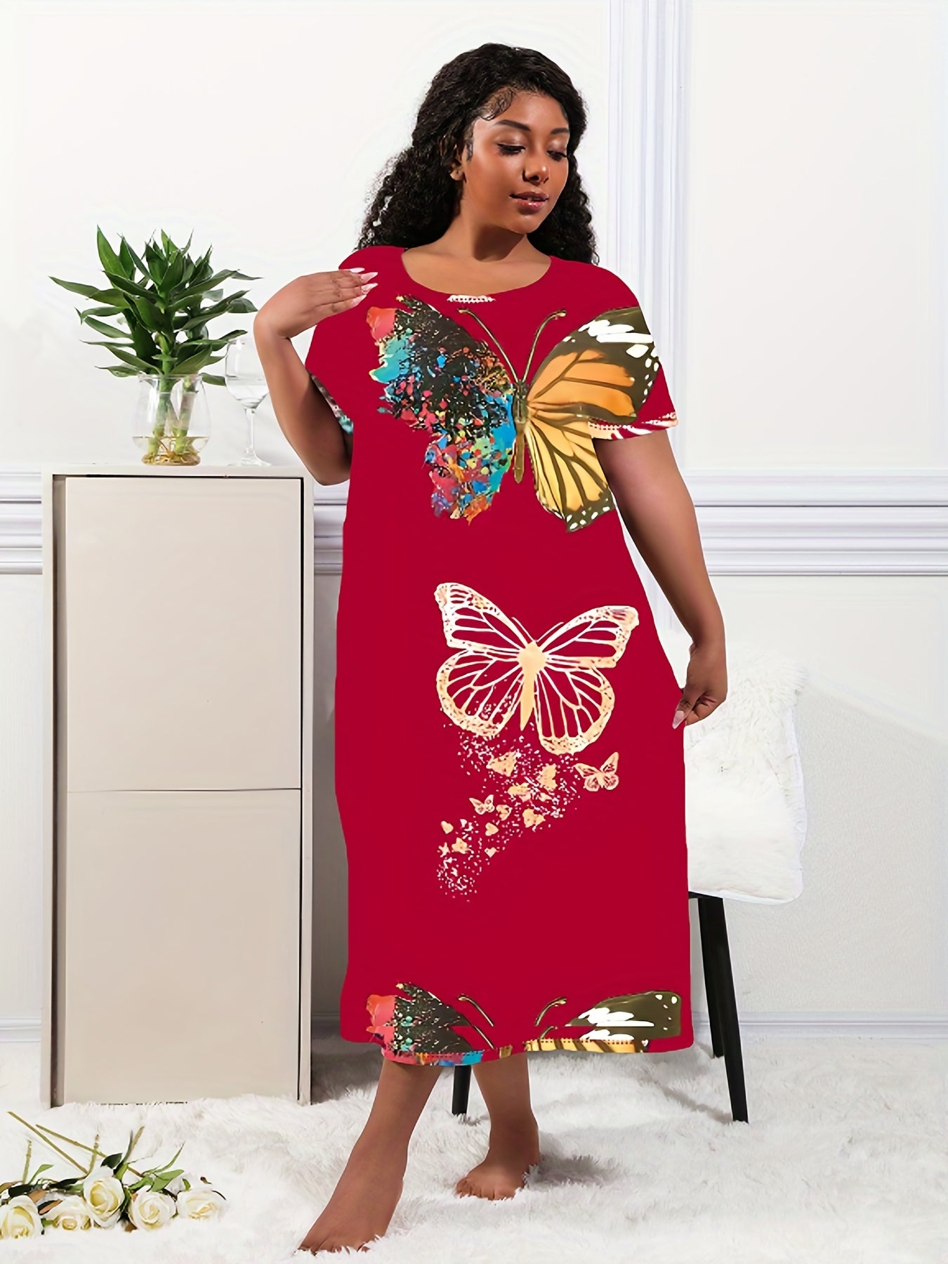  Butterfly Print Short Sleeve Casual Lounge Dress