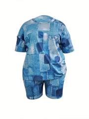  Denim Print Tee & Shorts 2pc Set