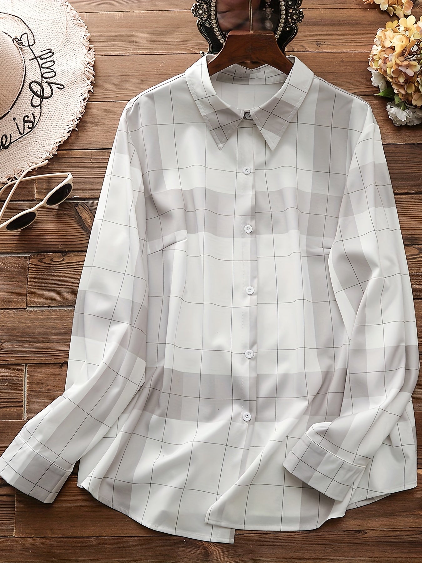  Colorblock Grid Print Button Up Blouse