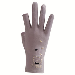 Bear Embroidery Fingerless Gloves for Women