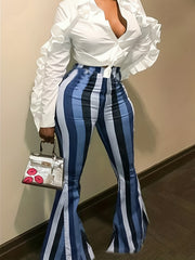  Casual Leggings Women's Plus Stripe Print Flared Leg Pants