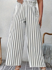  Stripe Print Paperbag Waist Wide Leg Trousers