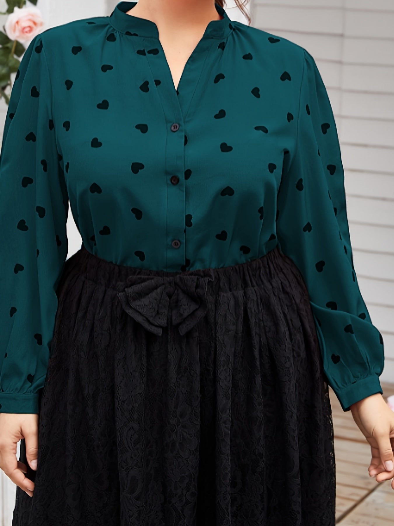  Heart Print Button Up Blouse
