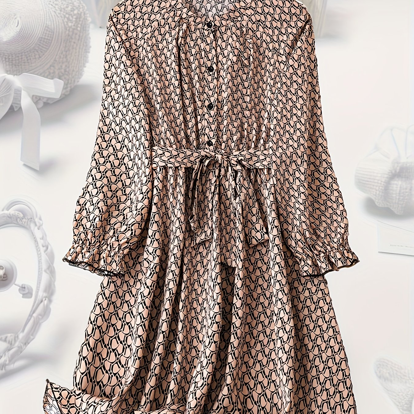 Allover Print Lantern Sleeve Casual Dress with Belt