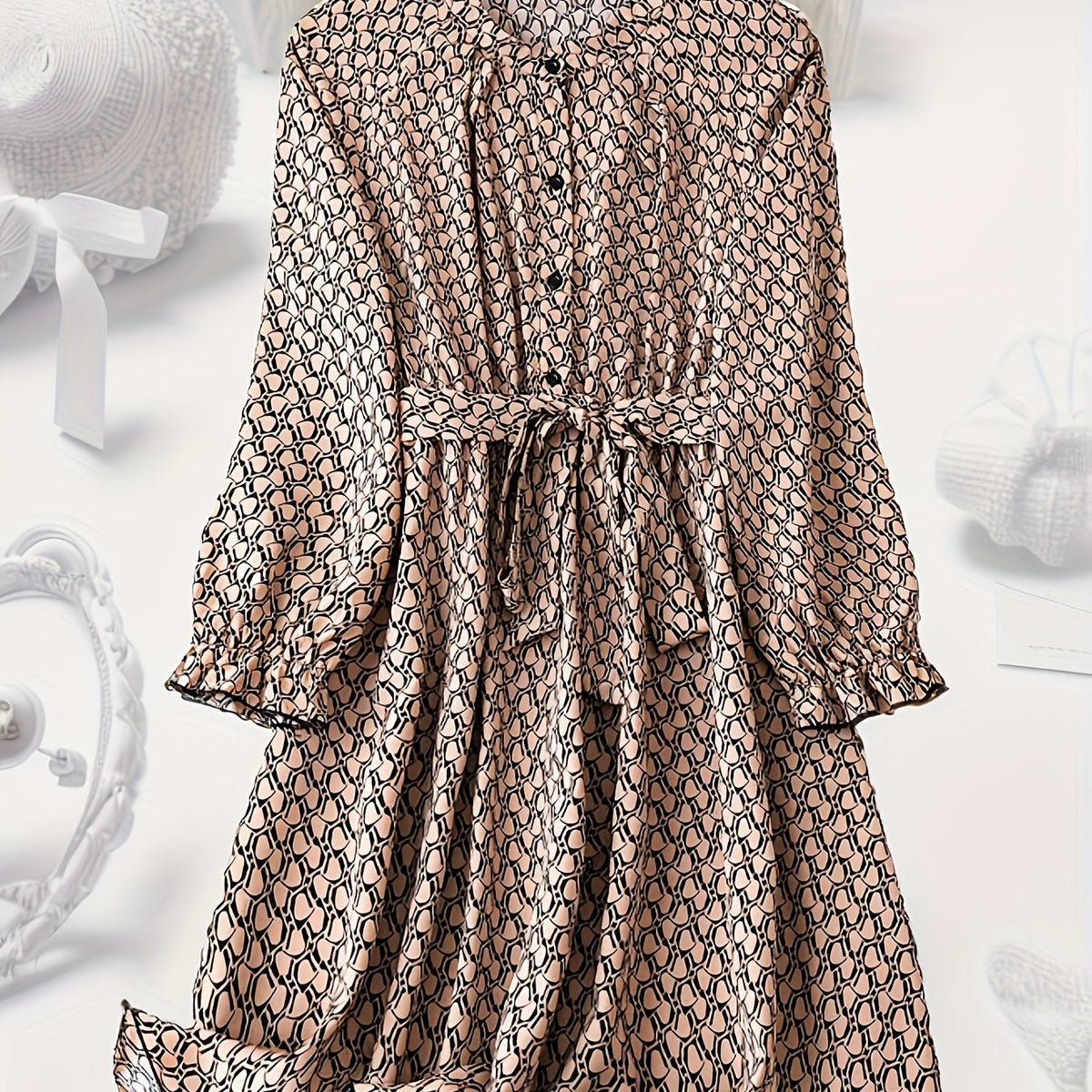  Allover Print Lantern Sleeve Casual Dress with Belt