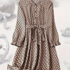  Allover Print Lantern Sleeve Casual Dress with Belt
