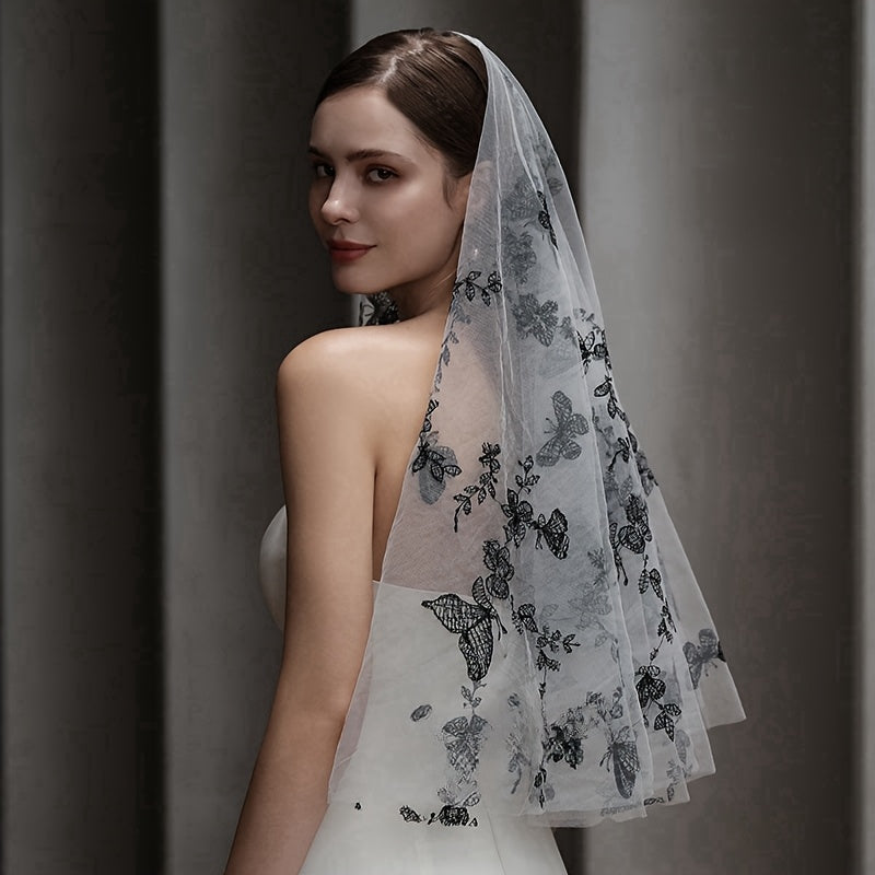 Butterfly Embroidered Bridal Veil with Comb Fingertip Length