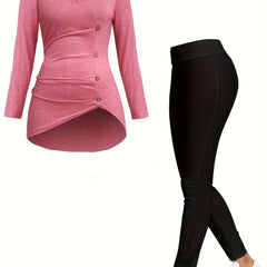  Solid V Neck Top & High Rise Leggings 2 Piece Set