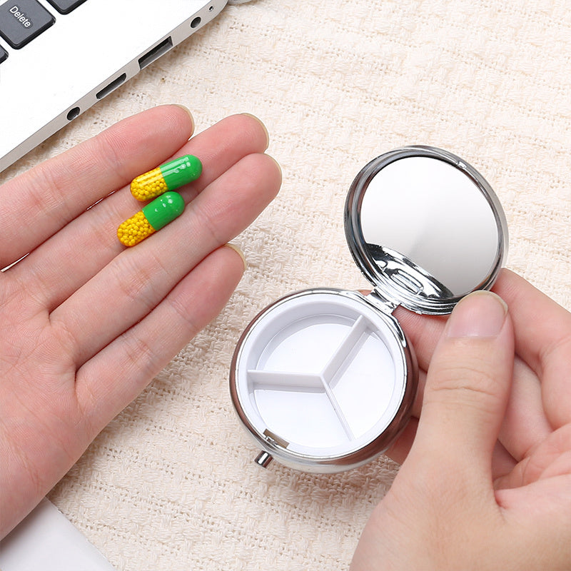 Small Metal Pill Case Green Glass Pattern 3 Compartment Portable Medicine