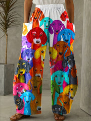 Cartoon Dog Print High Rise Wide Leg Pants Plus Size