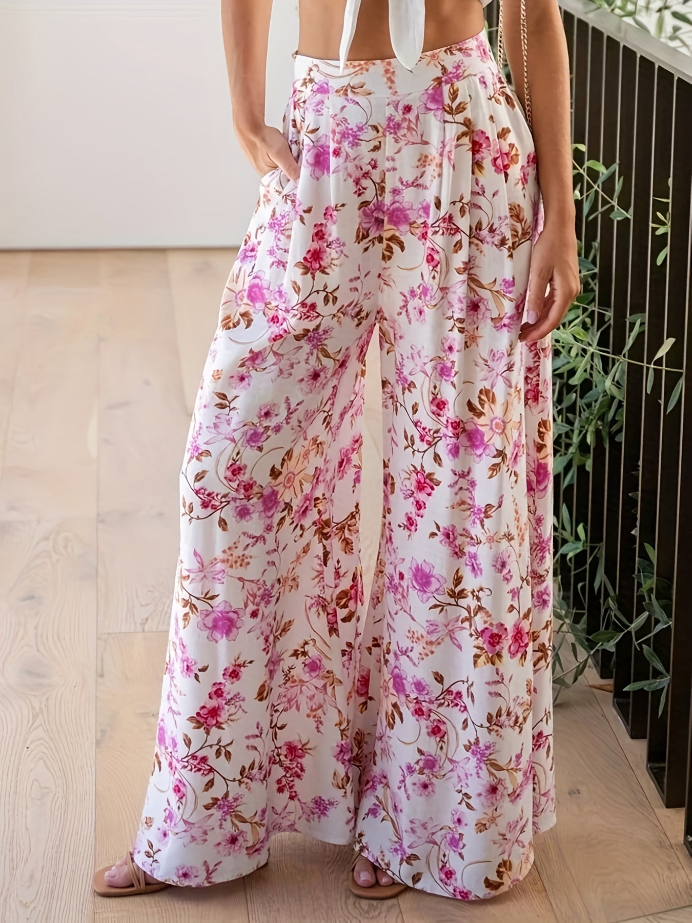  Boho Pants Women's Plus Floral Wide Leg Pants