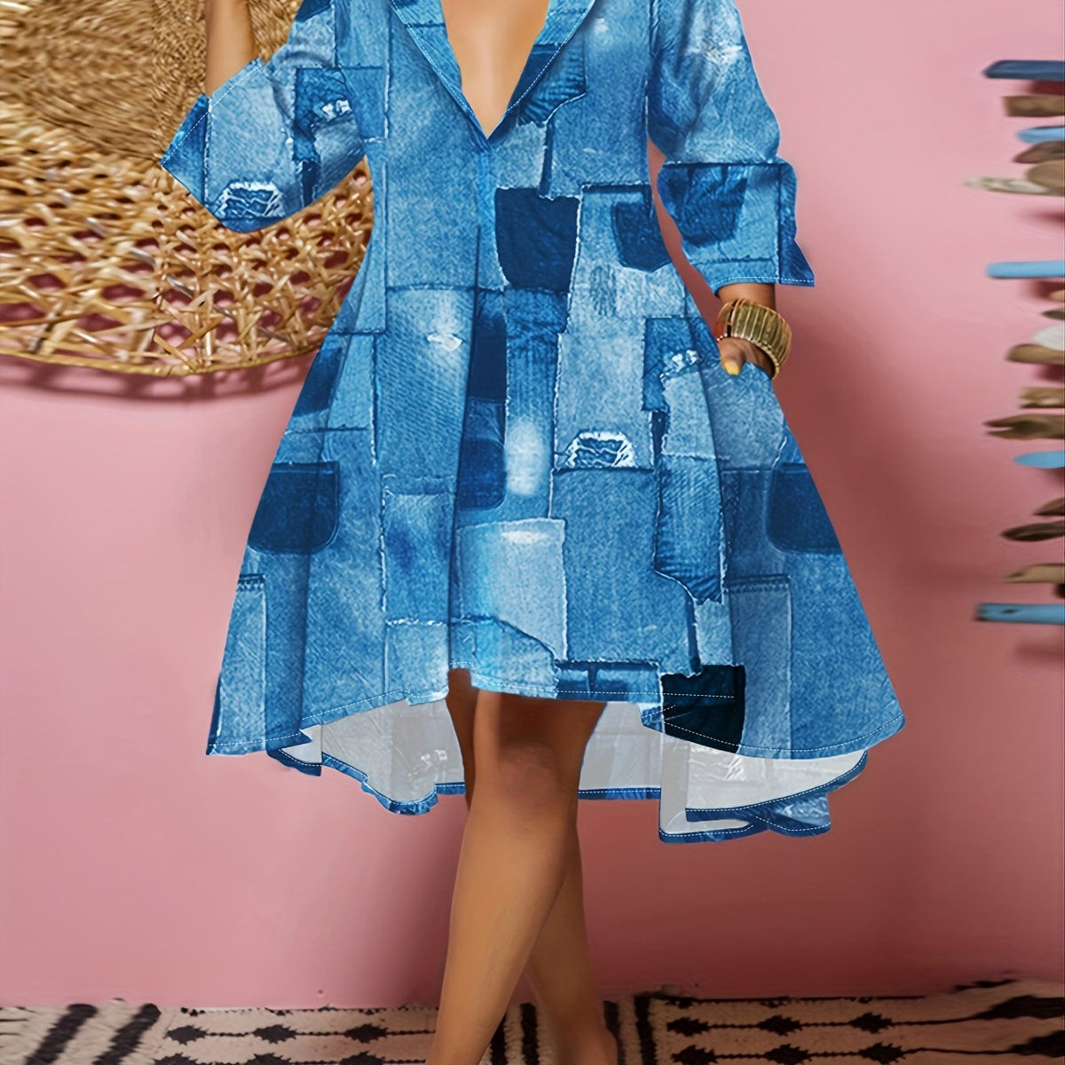  Denim Print Long Sleeve Dress