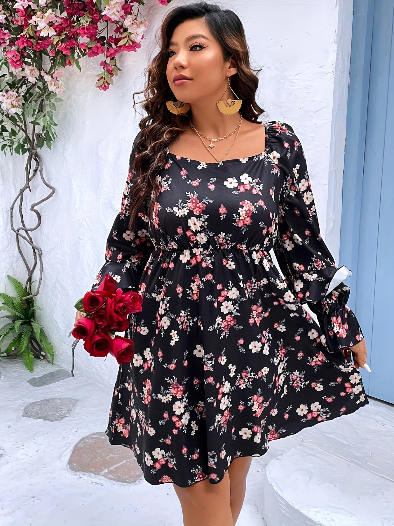  Floral Print Ruffle Trim Midi Dress