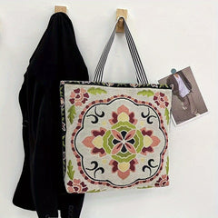 Floral Embroidered Tote Bag Canvas Shoulder Bag Large Capacity