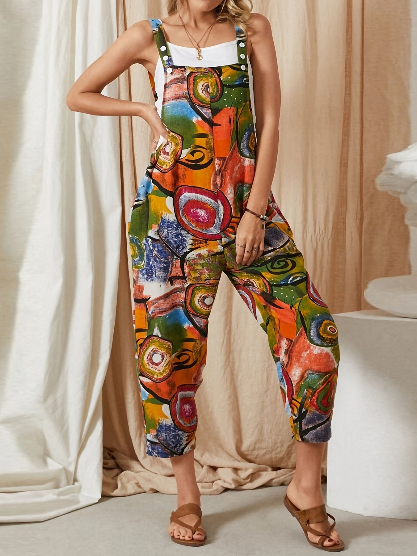 Abstract Print Button Jumpsuit for Women