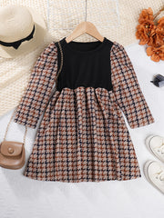 Girls' Houndstooth Patchwork Long Sleeve Casual Dress