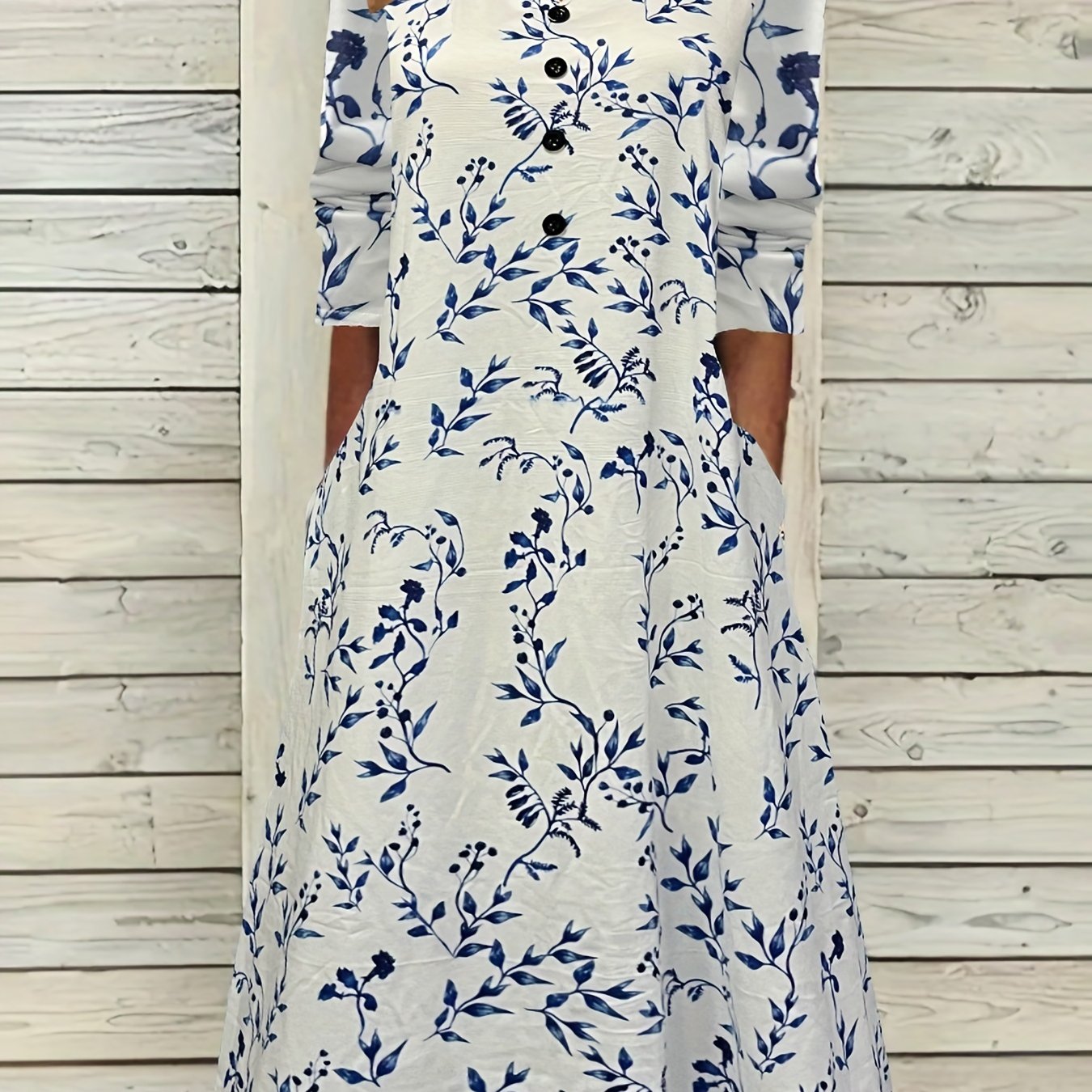  Floral Print Maxi Dress Notched Neck Long Sleeve With Pockets