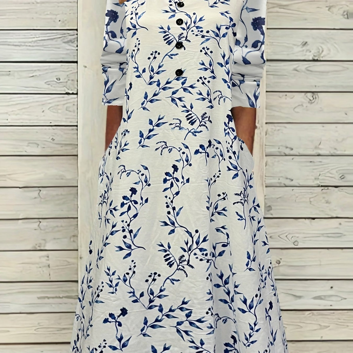  Floral Print Maxi Dress Notched Neck Long Sleeve With Pockets