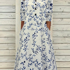  Floral Print Maxi Dress Notched Neck Long Sleeve With Pockets