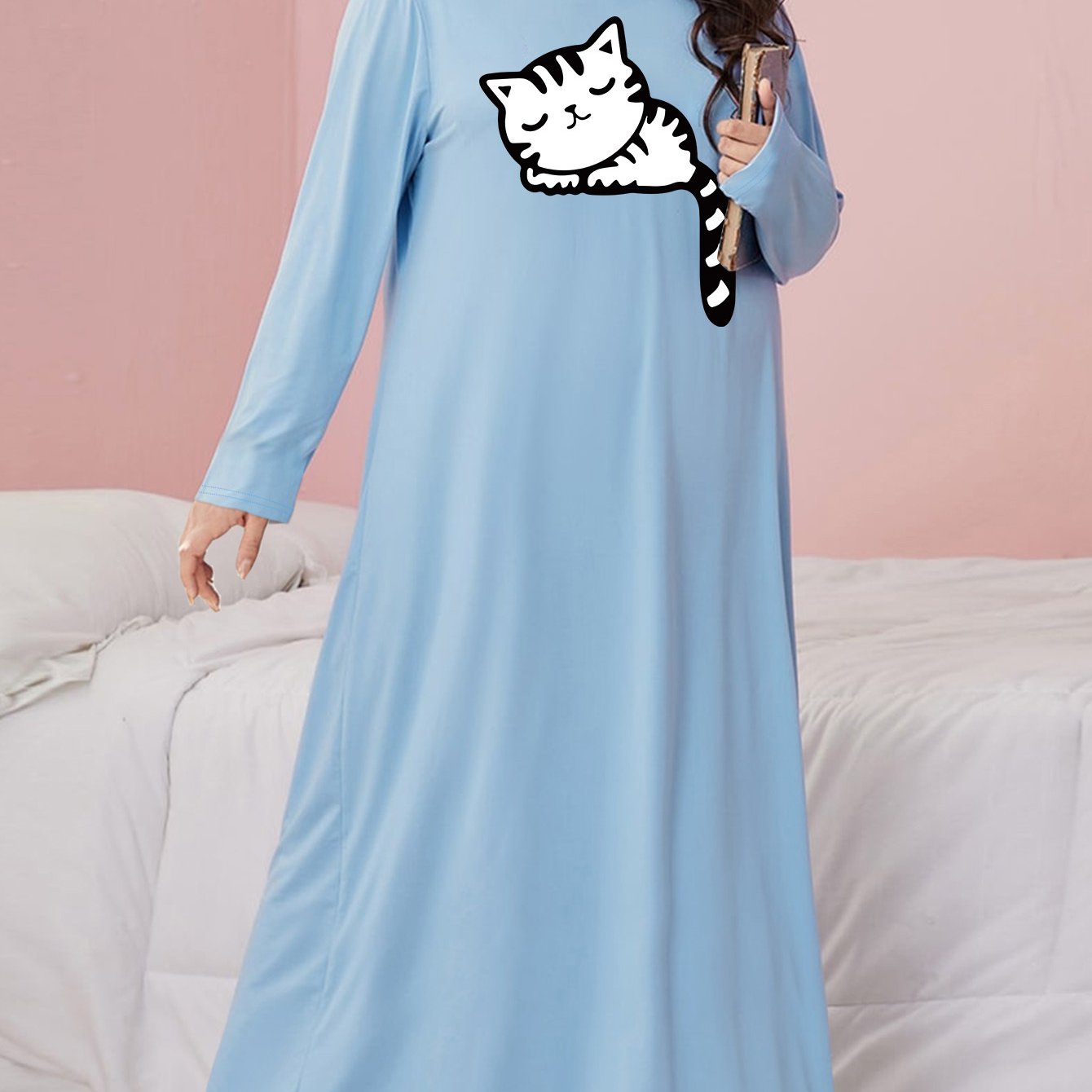  Cat Print Long Sleeve Round Neck Sleep Dress