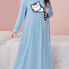  Cat Print Long Sleeve Round Neck Sleep Dress