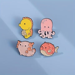 5pcs Cartoon Ocean Animal Brooches Men Shark Whale Seahorse Pufferfish Jellyfish
