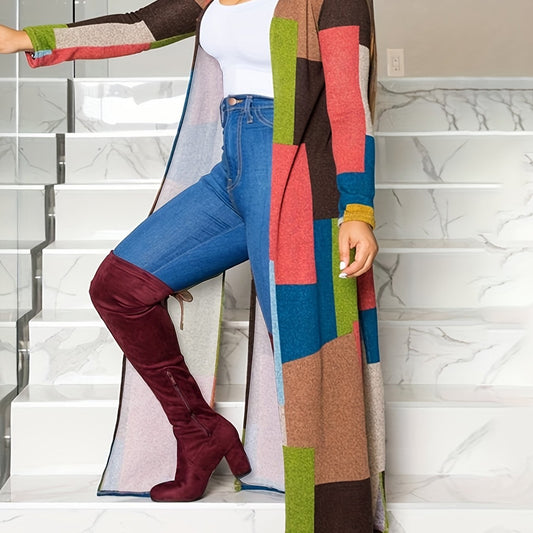  Colorblock Geometric Print Long Sleeve Cardigan